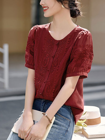 Zoe Retro Puff Sleeve Embroidered Lace Top