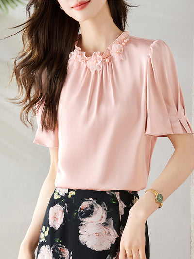 Sarah Elegant Auricular Satin Ruffled Chiffon Top