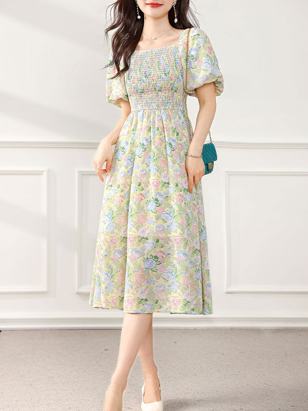 Sophia Retro Puff Sleeve Floral Dress-Pink