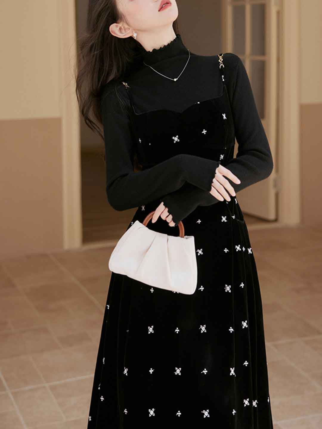 Kayla Retro Velvet Embroidered Slip Dress Two-Piece Set