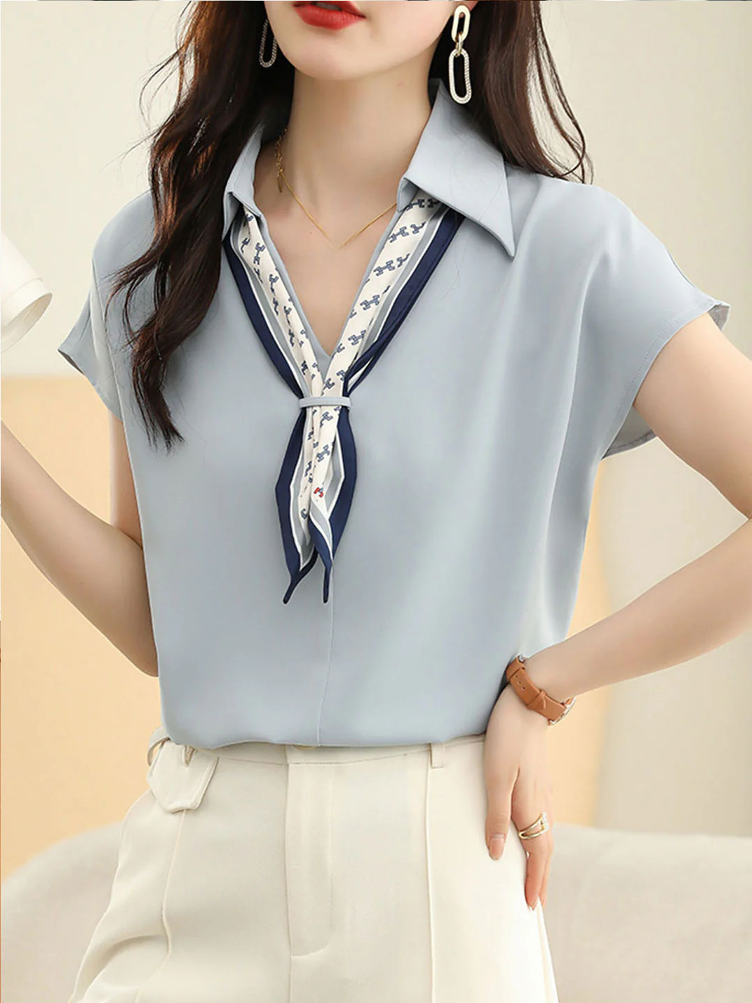 Khloe Casual Paneled Chiffon Shirt-Blue