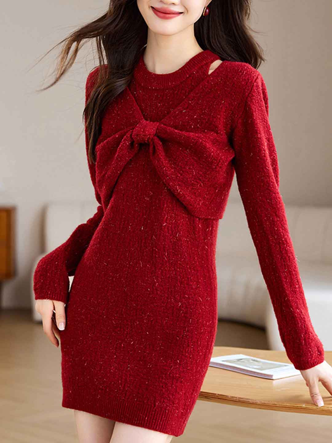 Ava Classic Crew Neck Bow Knitted Sweater Dress