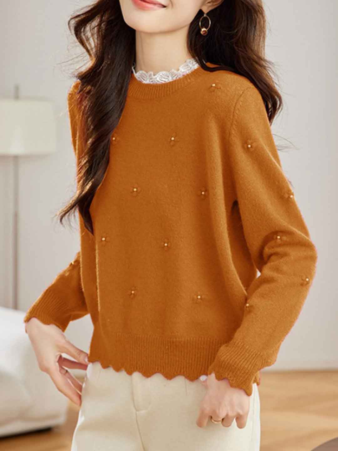 Andrea Retro Lace Crew Neck Solid Color Beaded Knitted Top