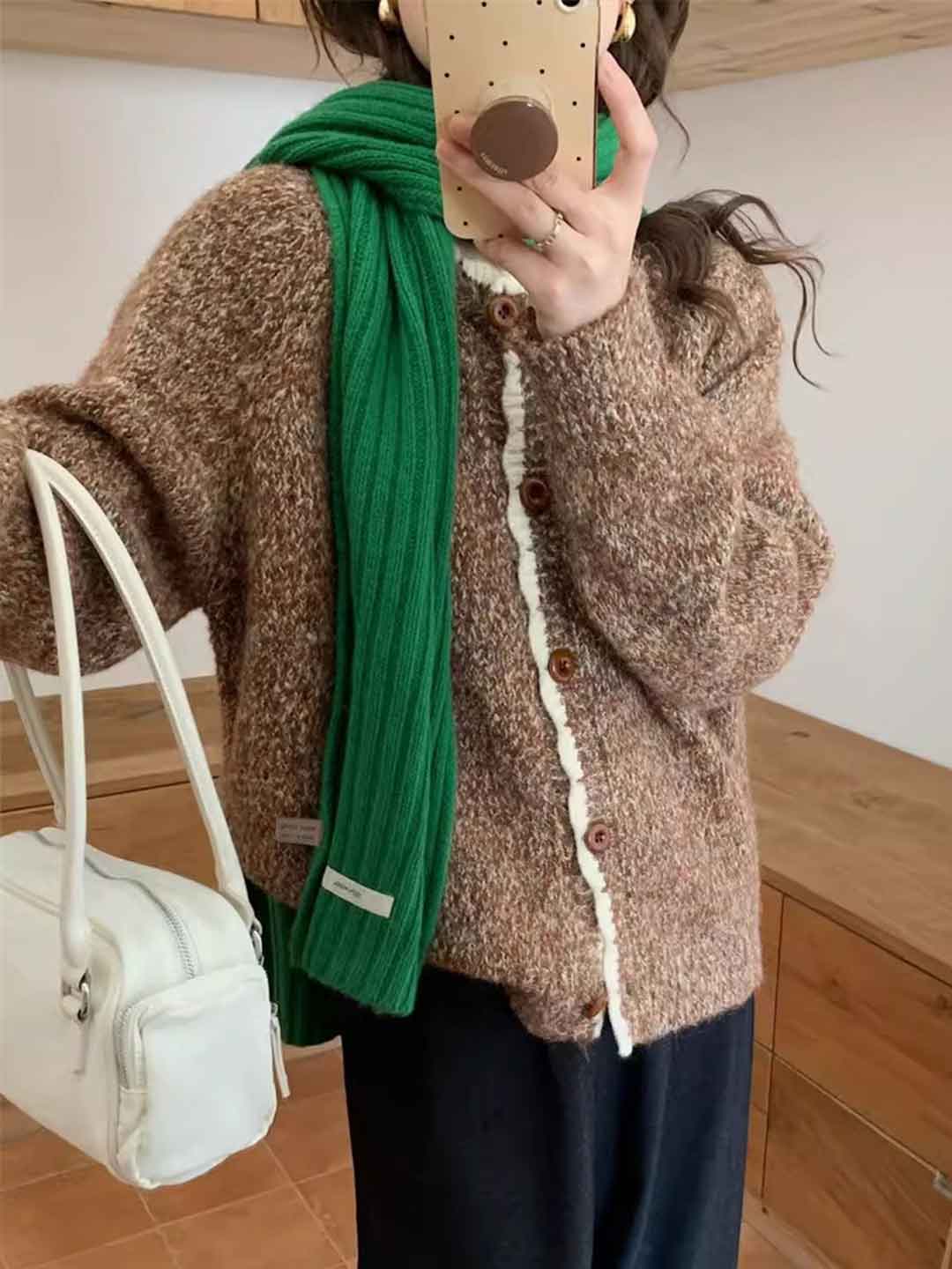 Emma Loose Crew Neck Colorblock Knitted Cardigan