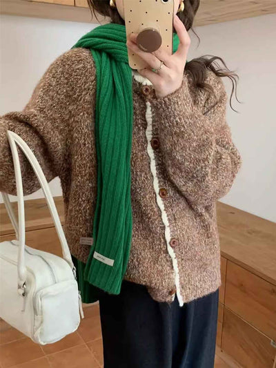 Emma Loose Crew Neck Colorblock Knitted Cardigan