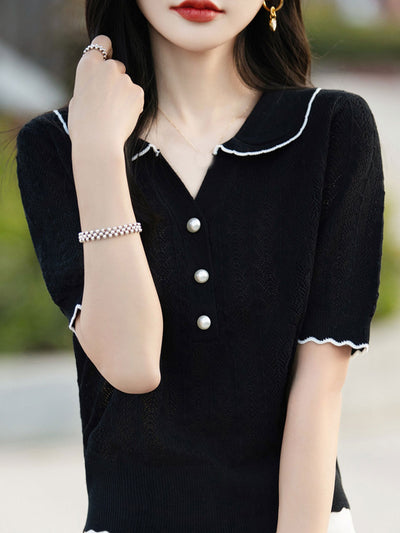 Ava Loose Polo Hollowed Knitted Top