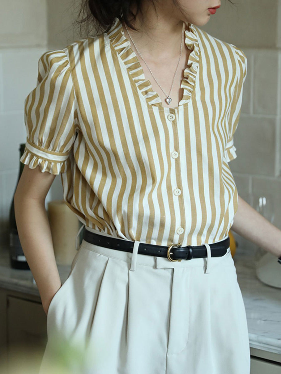 Emily Retro V-Neck Puff Sleeve Top