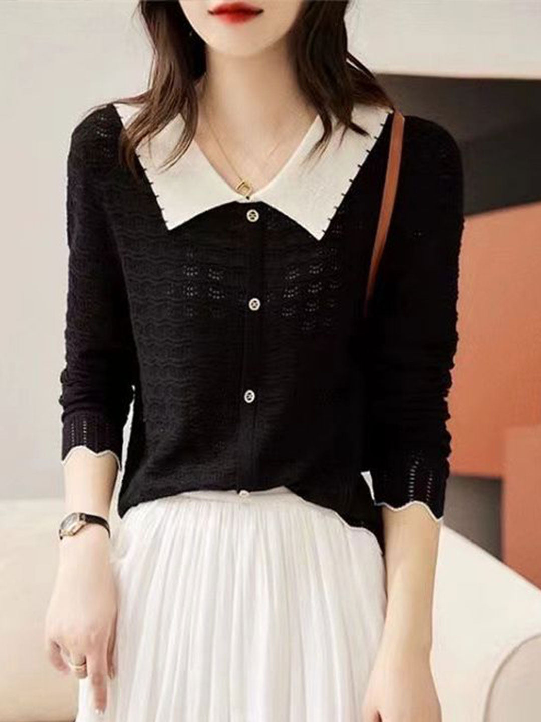 Kayla Retro Contrast Color Doll Collar Knitted Top-Black