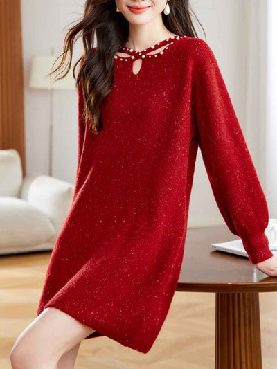 Hannah Elegant Crew Neck Beaded Knitted Sweater Dress