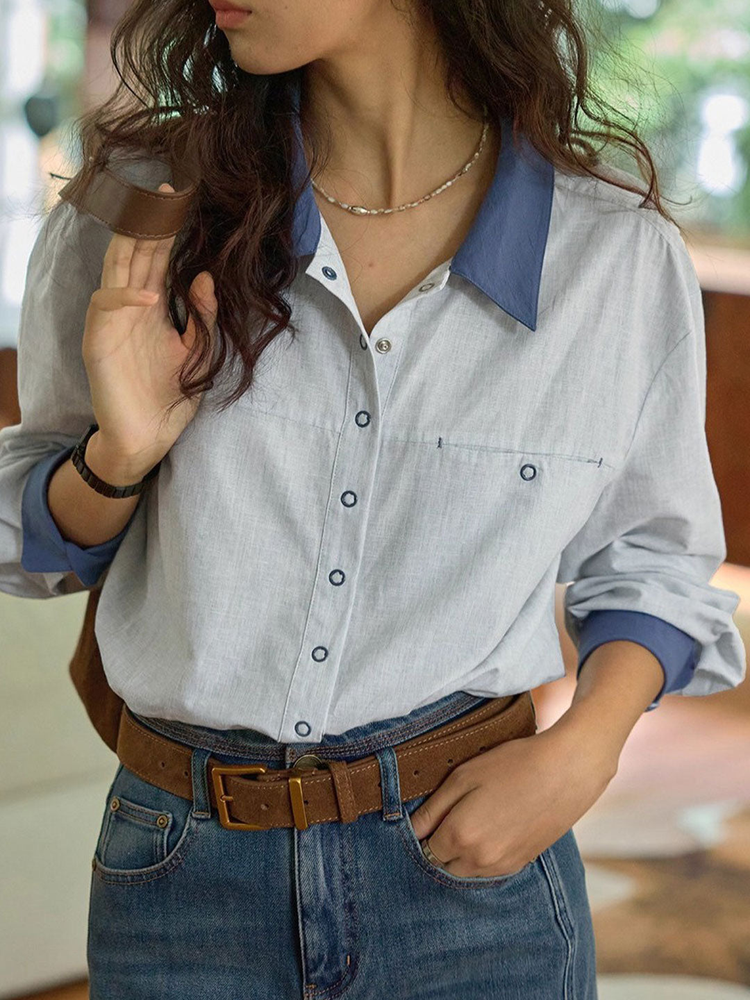 Layla Retro Lapel Contrasted Color Shirt