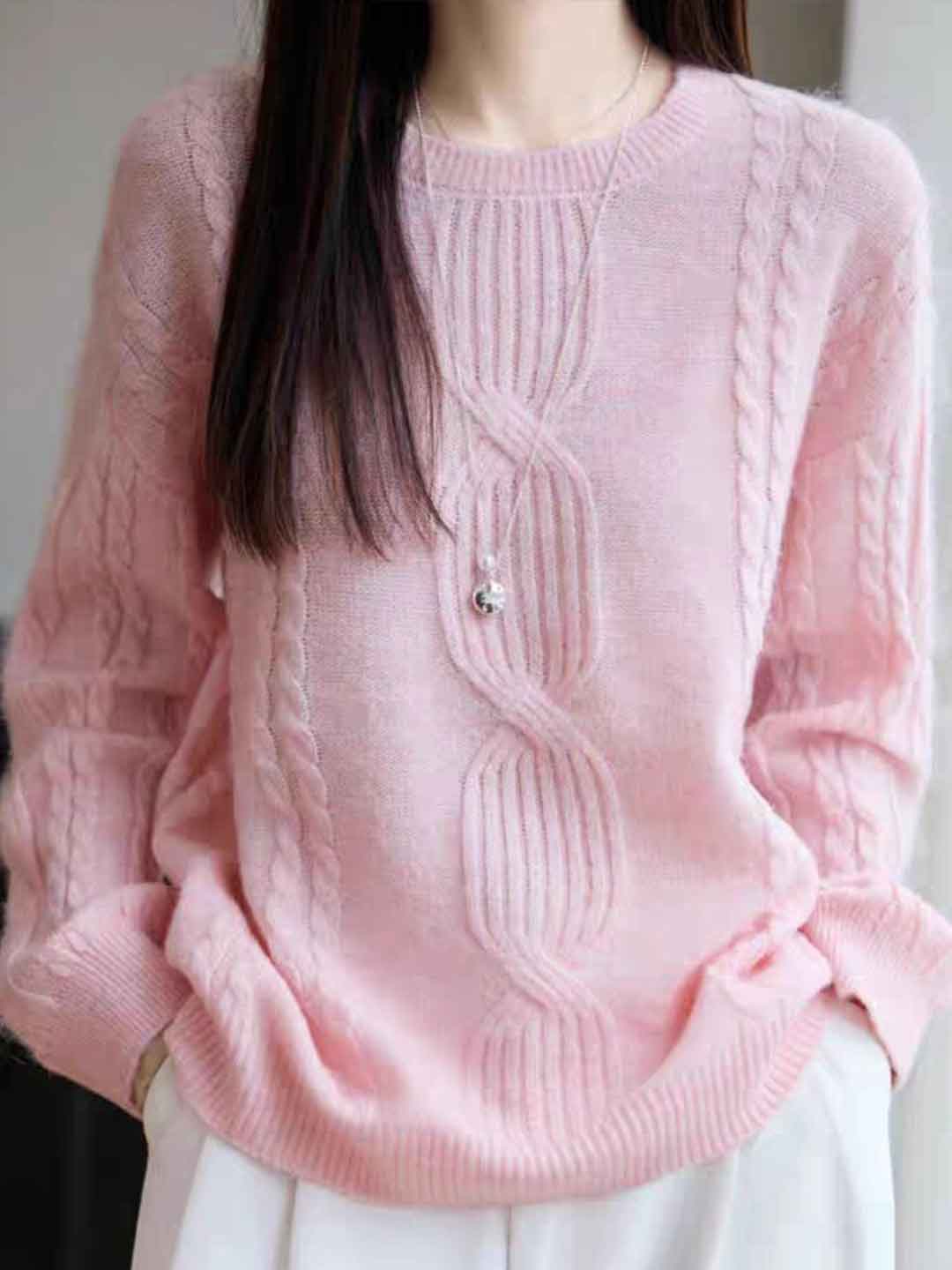 Ariana Casual Crew Neck Cable Knitted Pullover Sweater-Blue