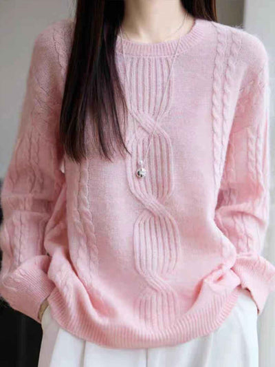 Ariana Casual Crew Neck Cable Knitted Pullover Sweater-Blue