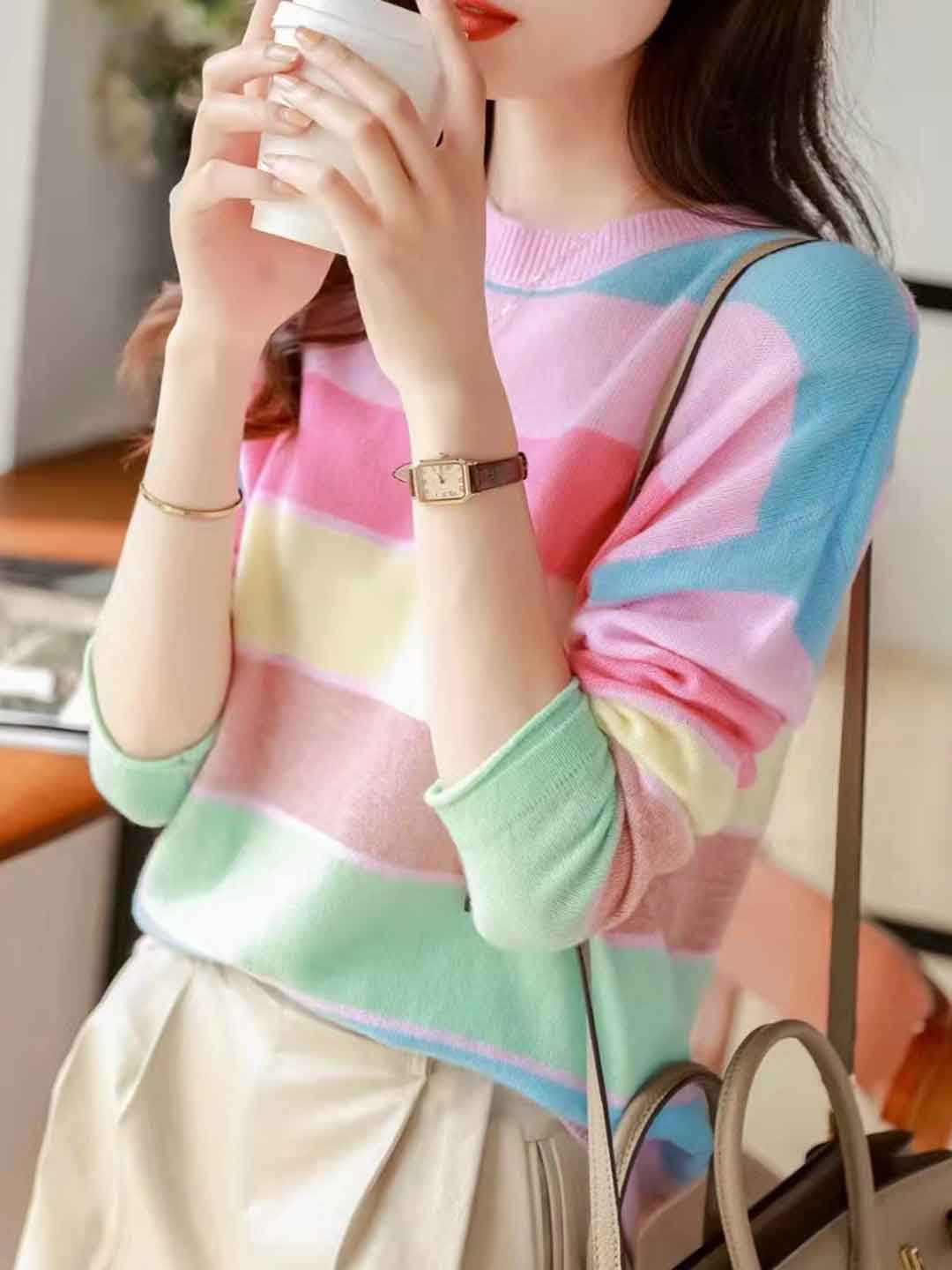 Zoey Loose Crew Neck Striped Pullover Knitted Sweater