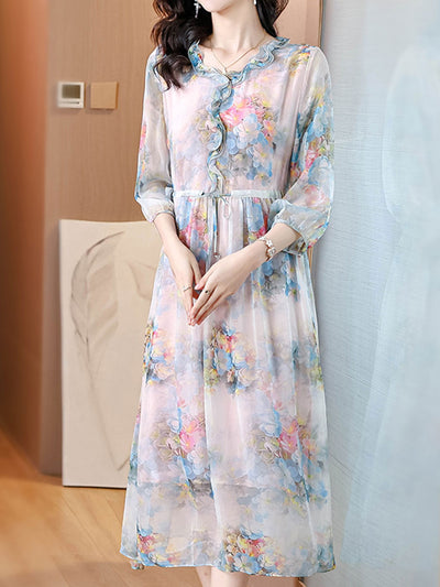 Natalie Elegant V-Neck Chiffon Printed Dress