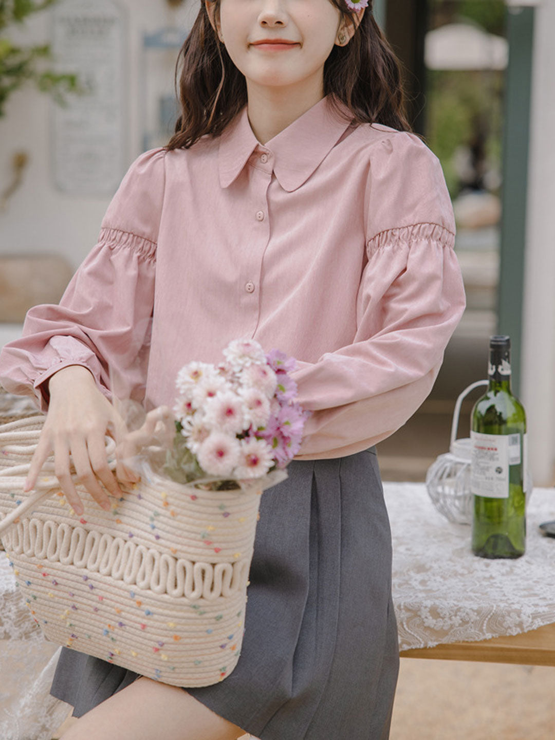 Claire Loose Solid Color Lapel Lantern Sleeve Shirt