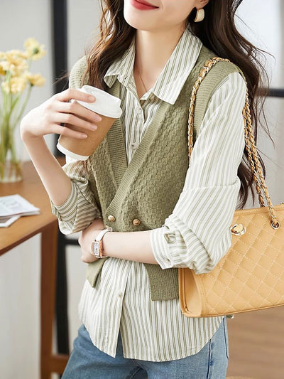 Jessica Elegant Striped Shirt With Knitted Vest Set