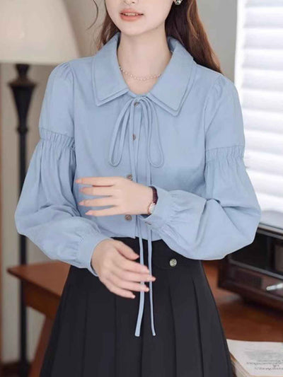 Hannah Classic Double Collar Tie Puff Sleeve Shirt