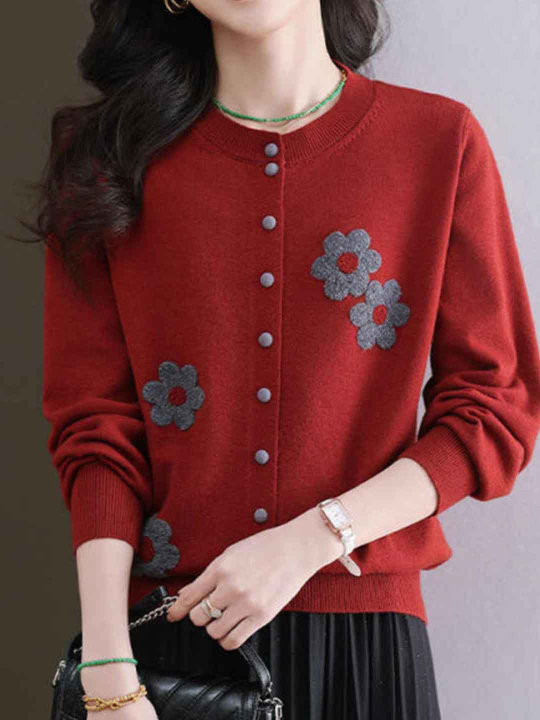 Destiny Daily Crew Neck Embroidered Knitted Cardigan