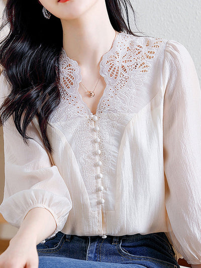 Alexis Classic Lace Embroidery Paneled Chiffon Shirt
