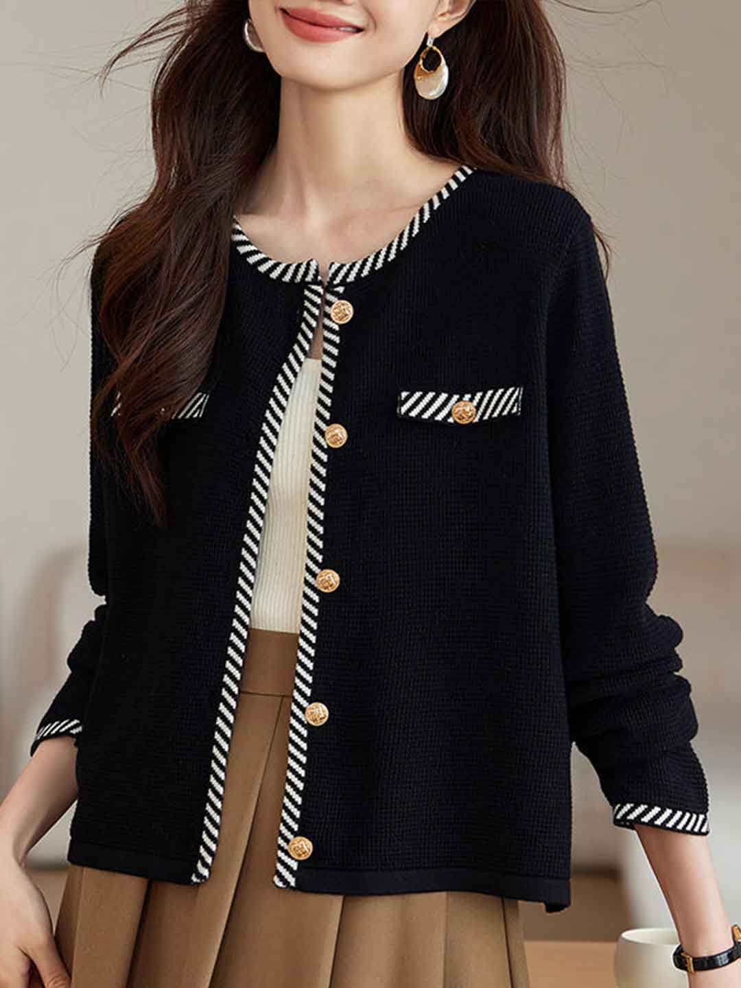 Caroline Elegant Crew Neck Tweed Cardigan