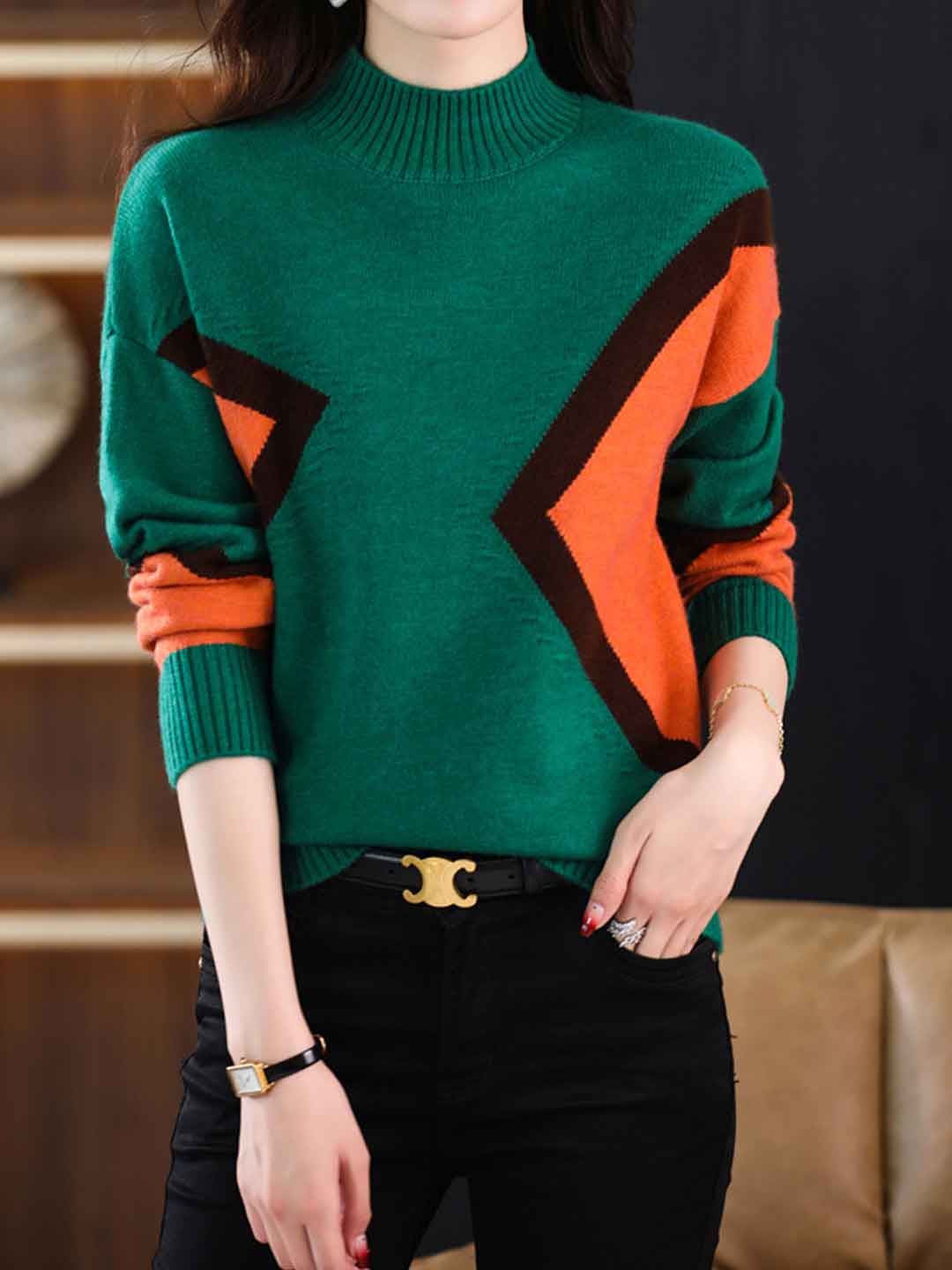 Camila Classic Turtleneck Contrasted Knitted Top