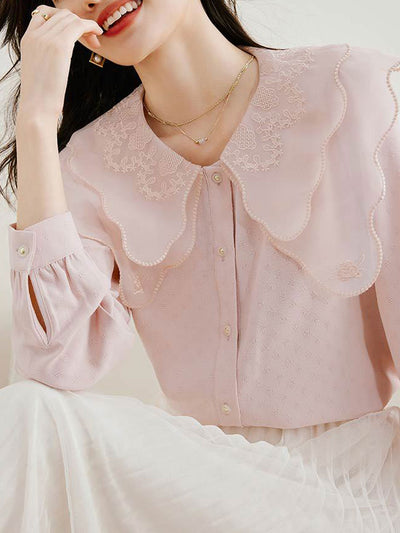 Raya Retro Doll Collar Embroidered Chiffon Shirt