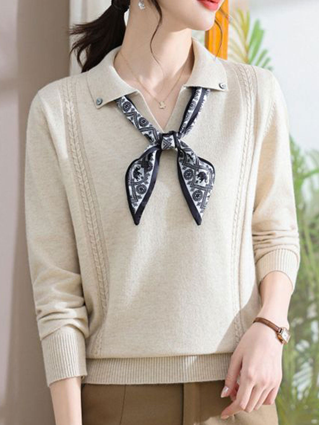 Grace Loose Lapel Scarf Pullover Knitted Top