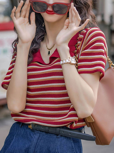 Khloe Retro Polo Striped Knitted Top
