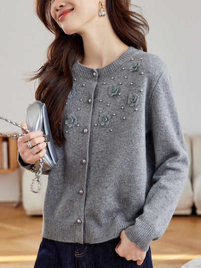 Aaliyah Classic Crew Neck Beaded Knitted Cardigan