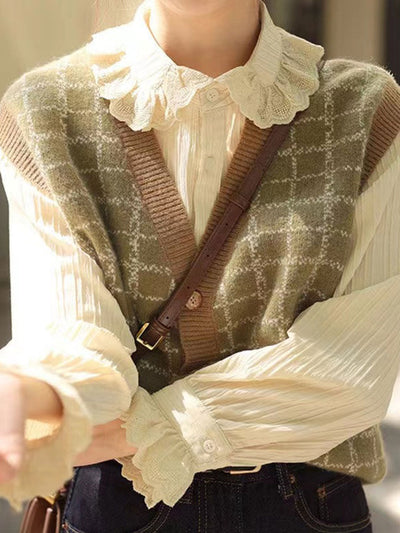 Ashley Retro Plaid Knitted Cardigan Vest-Brown