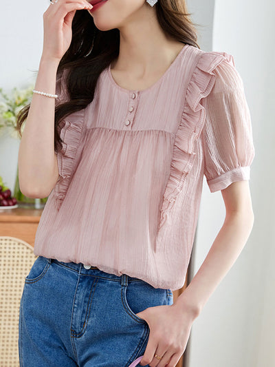Abigail Retro Ruffle Ruched Chiffon Blouse