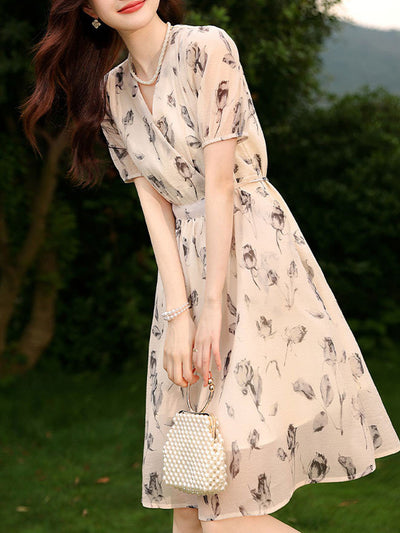 Ava Elegant V-neck Puff Sleeve Floral Dress