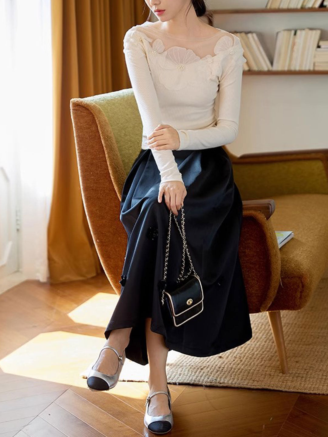 Aubrey Slim Crew Neck Mesh Panelled Top