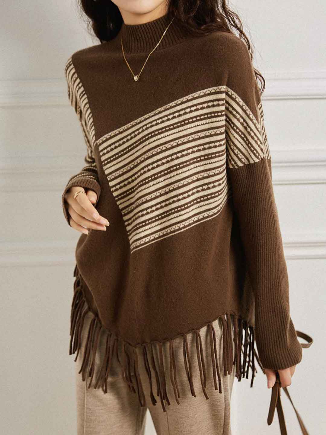 Maya Casual Bat Sleeve Turtleneck Irregular Tassel Pullover