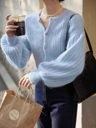 Sarah Classic Crew Neck Lantern Sleeve Solid Color Knitted Cardigan
