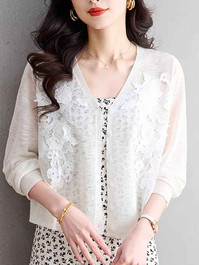 Zoe Elegant V-Neck Hollowed Embroidered Knitted Cardigan-White