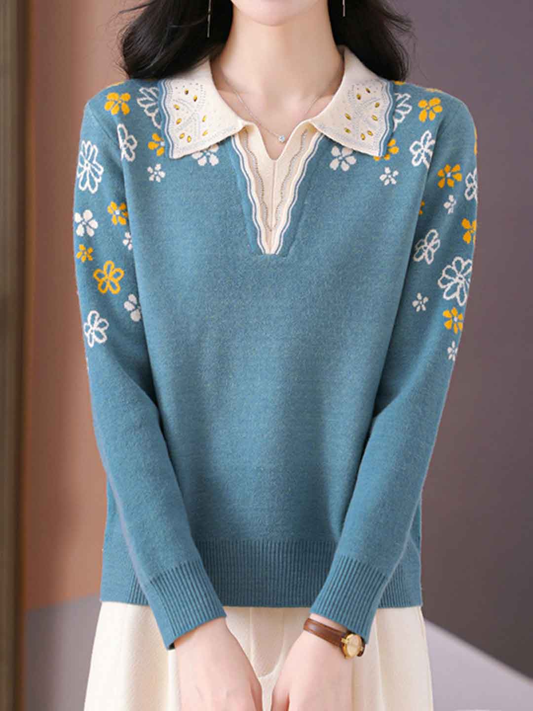 Jocelyn Casual Lapel Embroidered Knitted Top