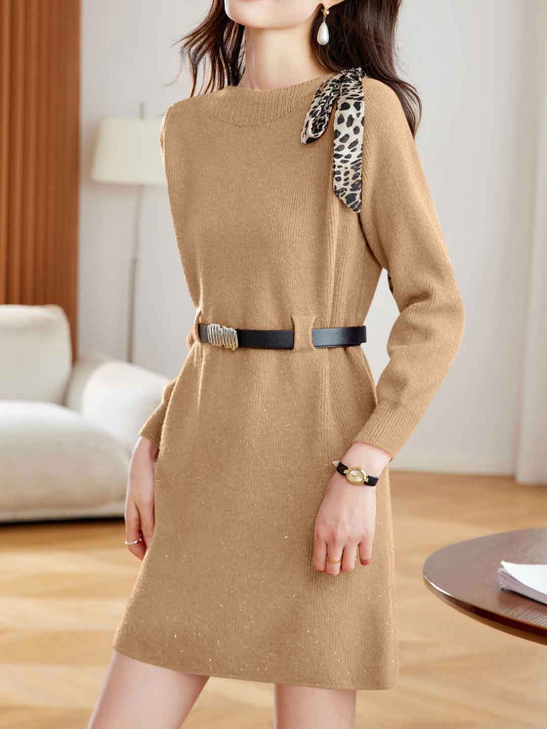 Taylor Casual Crew Neck Scarf Knitted Dress