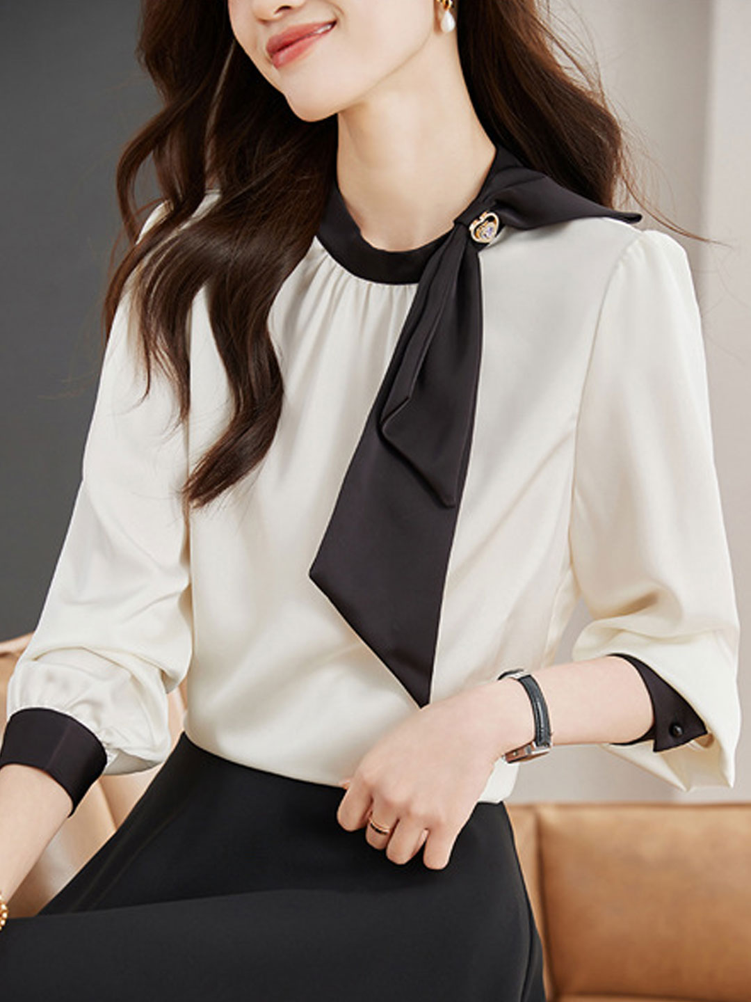 Sophia Classic Bow Color-Block Satin Shirt