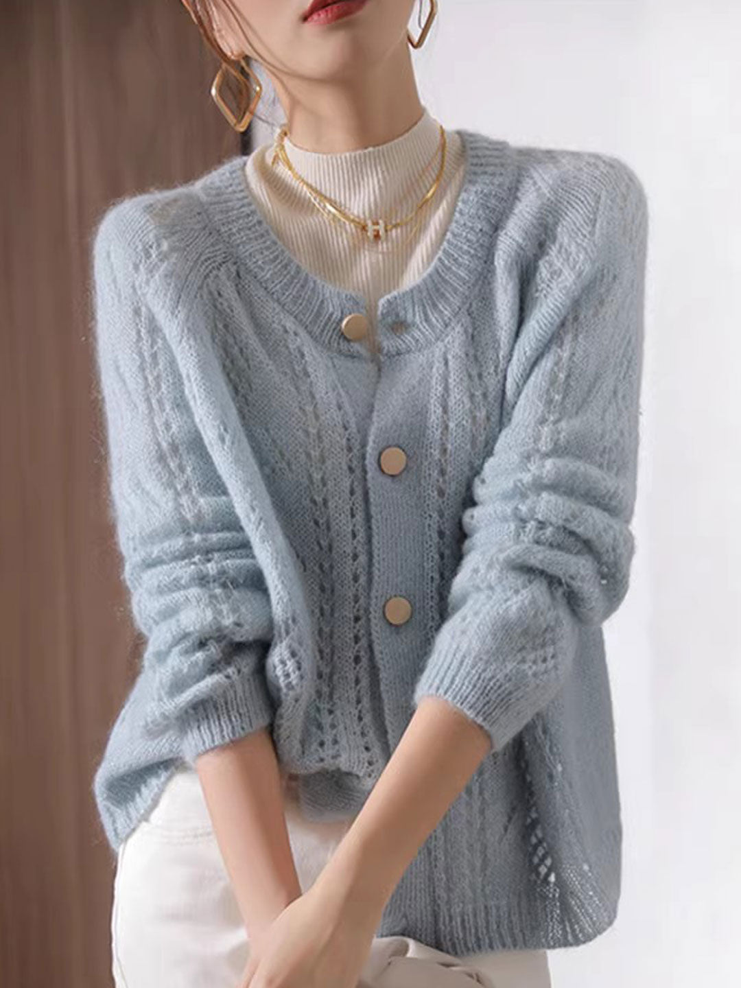 Alyssa Classic Crew Neck Jacquard Knitted Cardigan