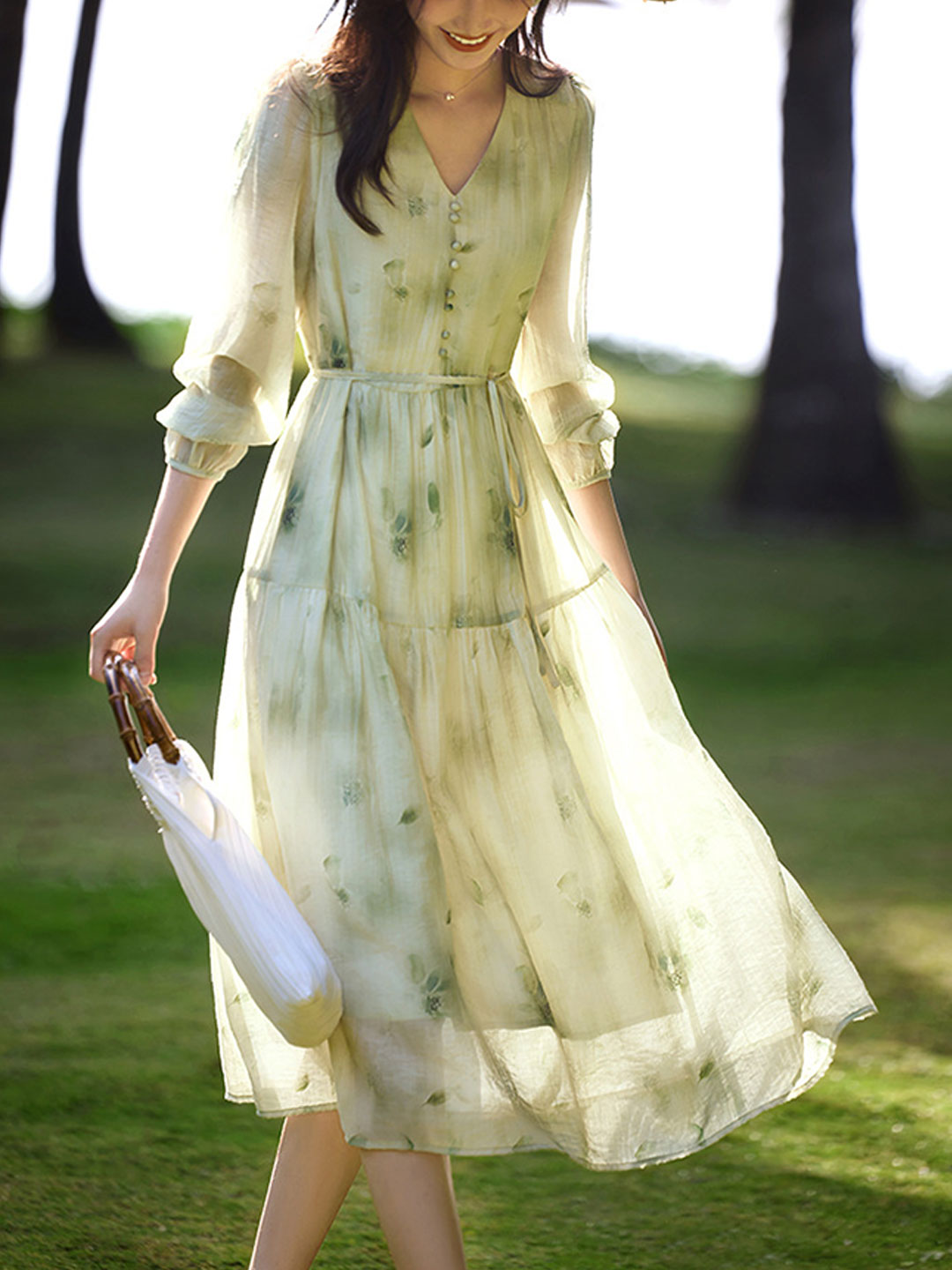 Ava Elegant Flare Sleeve Floral Printed Chiffon Dress
