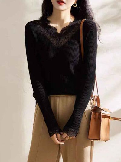 Chloe Elegant V-Neck Lace Panelled Knitted Top