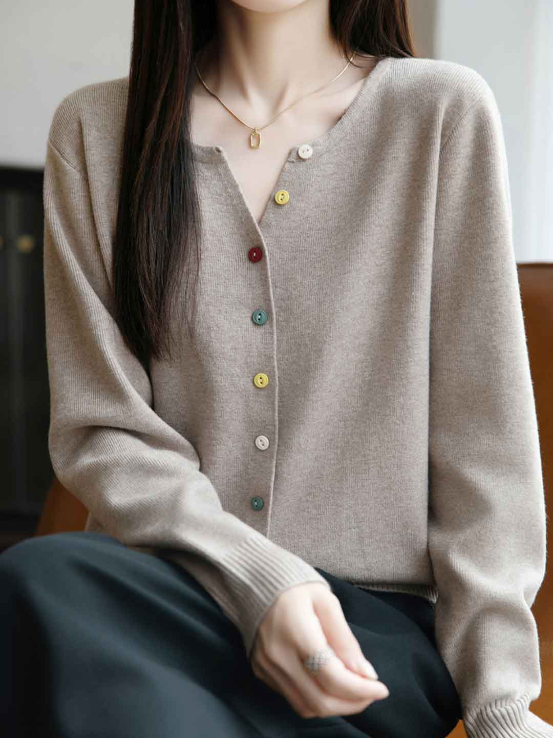 Andrea Classic Crew Neck Colorful Buttons Solid Color Knitted Cardigan