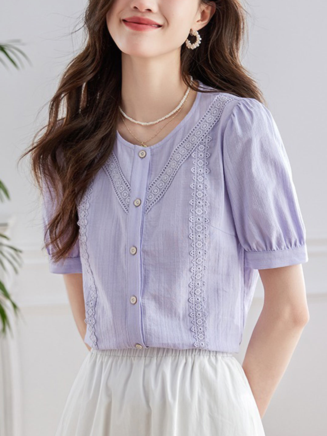 Julia Retro Spliced Puff Sleeve Blouse