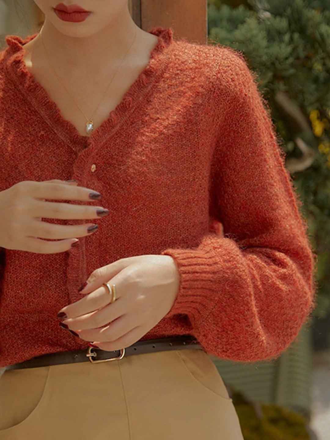 Grace Retro Auricular Collar Solid Color Knitted Cardigan