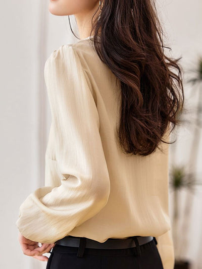 Jocelyn Elegant Embroidered Lantern Sleeve Shirt-Khaki