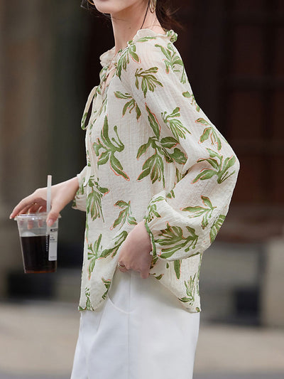 Isabella Loose V-Neck Auricular Tie Printed Top
