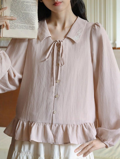 Sarah Loose Lapel Ruffle Embroidered Blouse