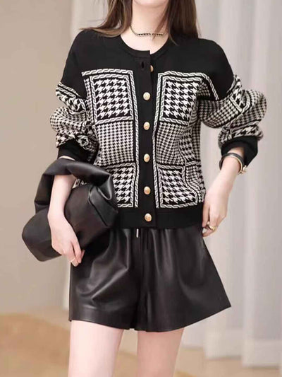 Mia Vintage Crew Neck Houndstooth Knitted Cardigan