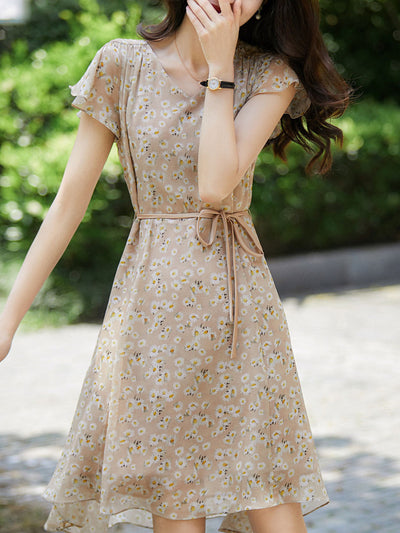 Hannah Classic V-neck Floral Printed Chiffon Dress